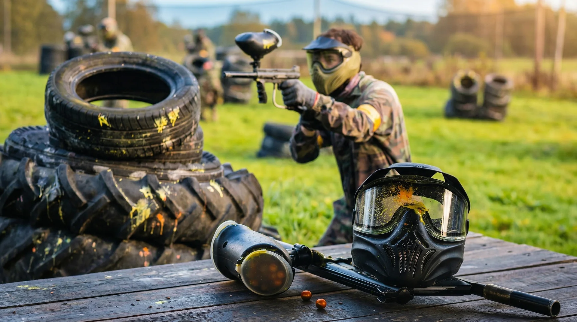 Person med paintballmask och markör på en utomhusbana med däck som skydd.