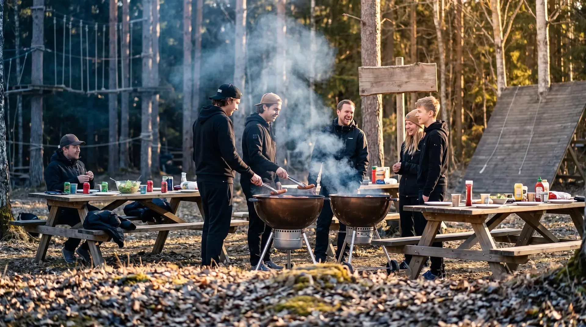 Grupp människor grillar mat vid utomhusbord i skogen.