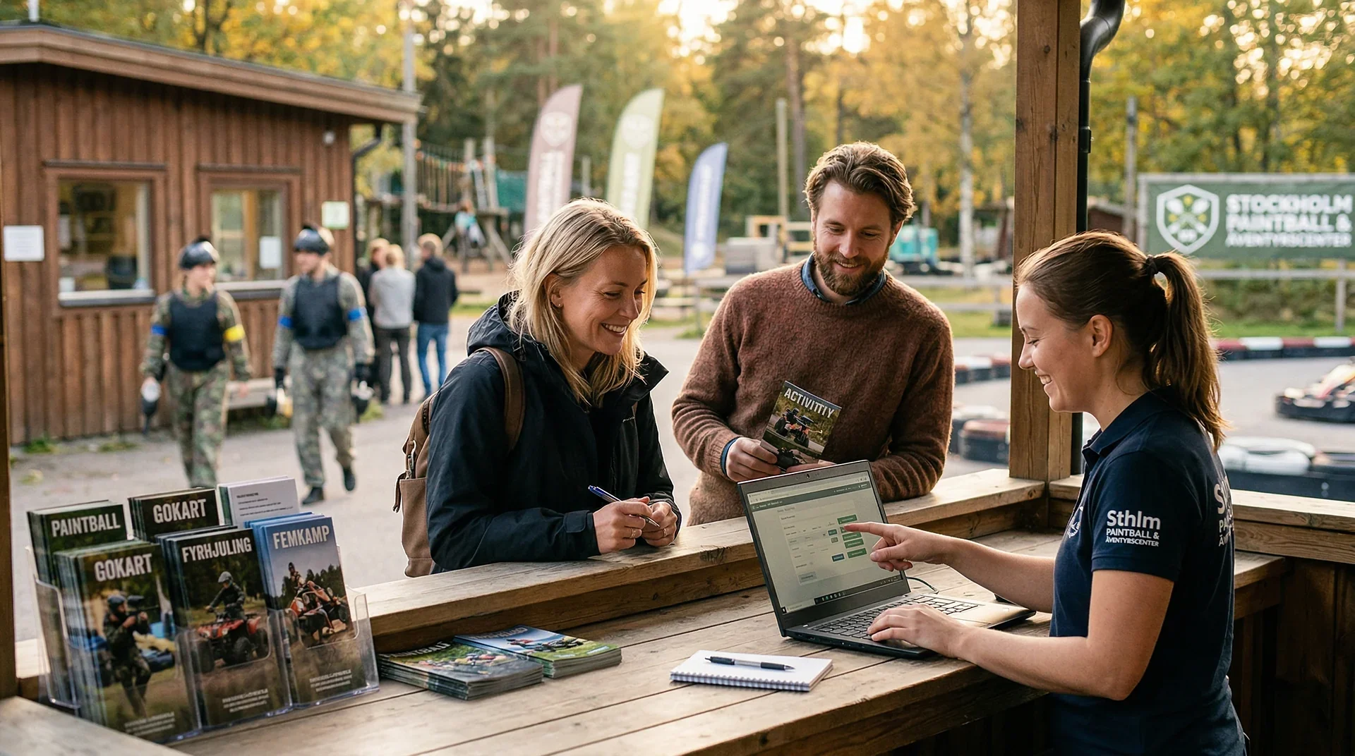 Två personer registrerar sig vid utomhusdisk med personal och laptop.