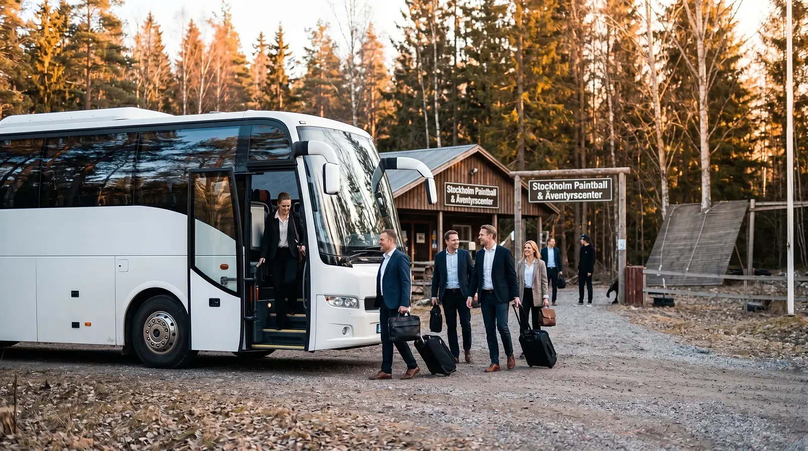 Affärsmän kliver av buss vid Stockholm Paintball & Äventyrscenter i skogen.