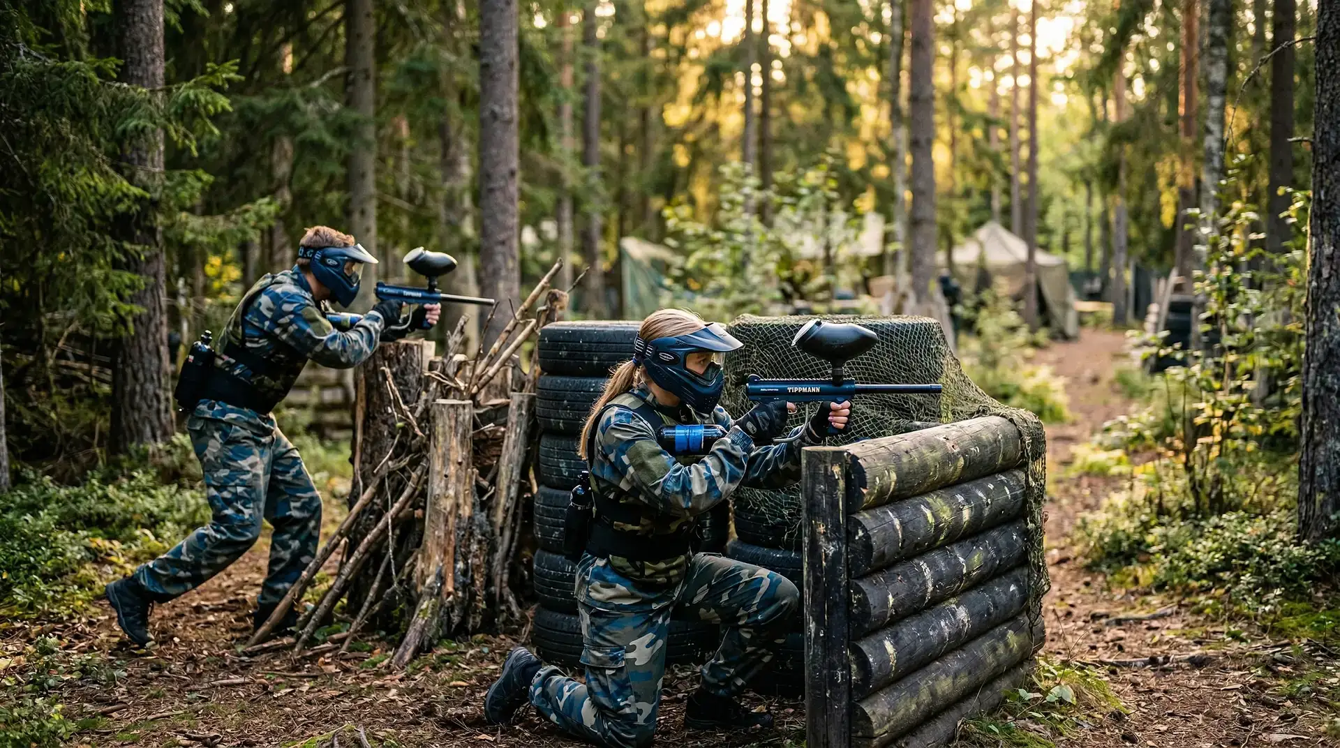 Två personer i kamouflage spelar paintball bakom skydd i skogen.