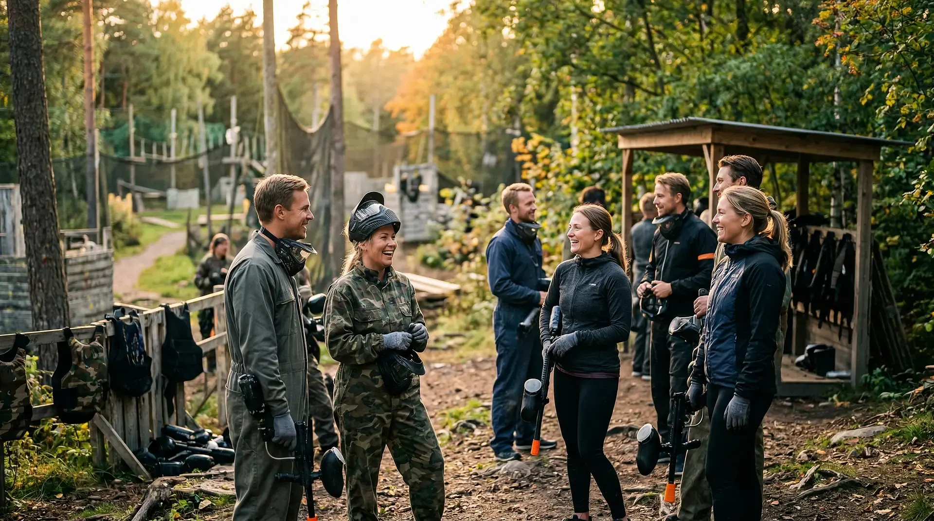Grupp människor i paintballkläder samtalar utomhus i skogen.