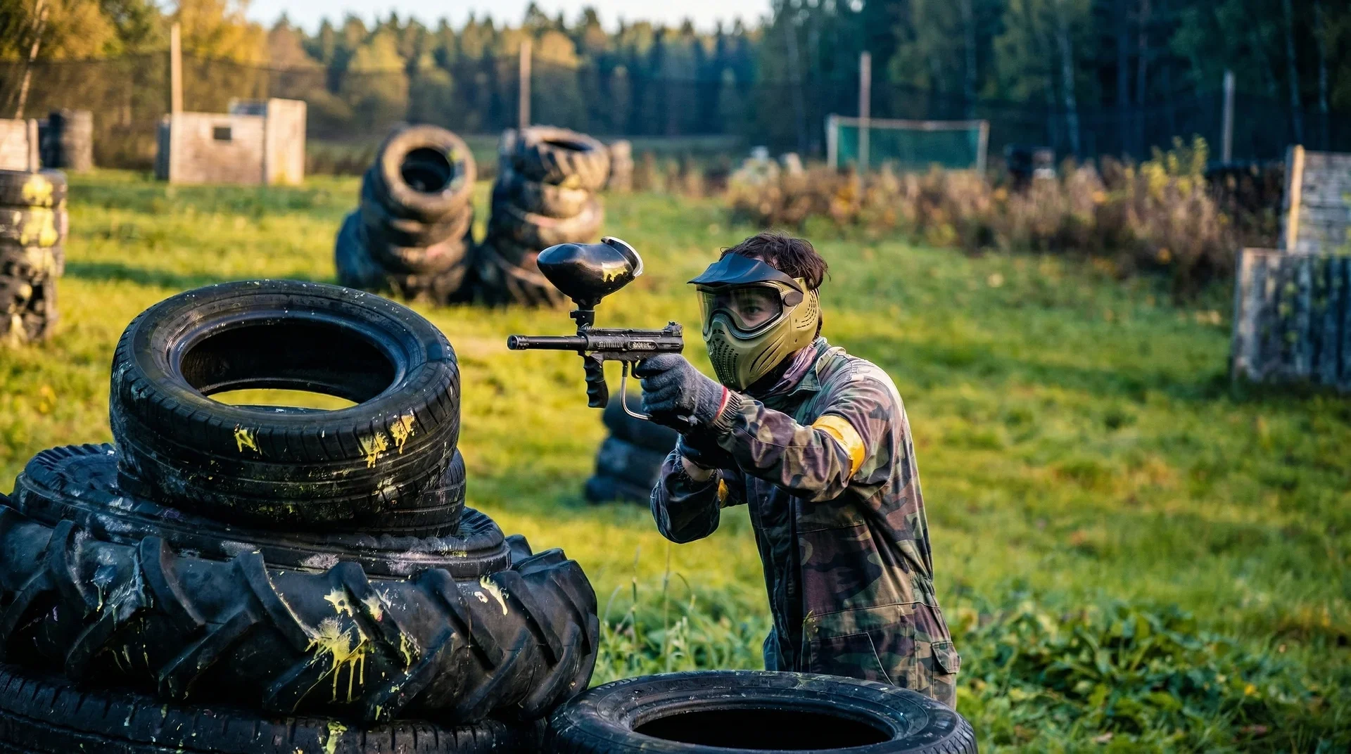 Paintballspelare i kamouflage siktar med markör bakom däckbarrikader på utomhusbana.