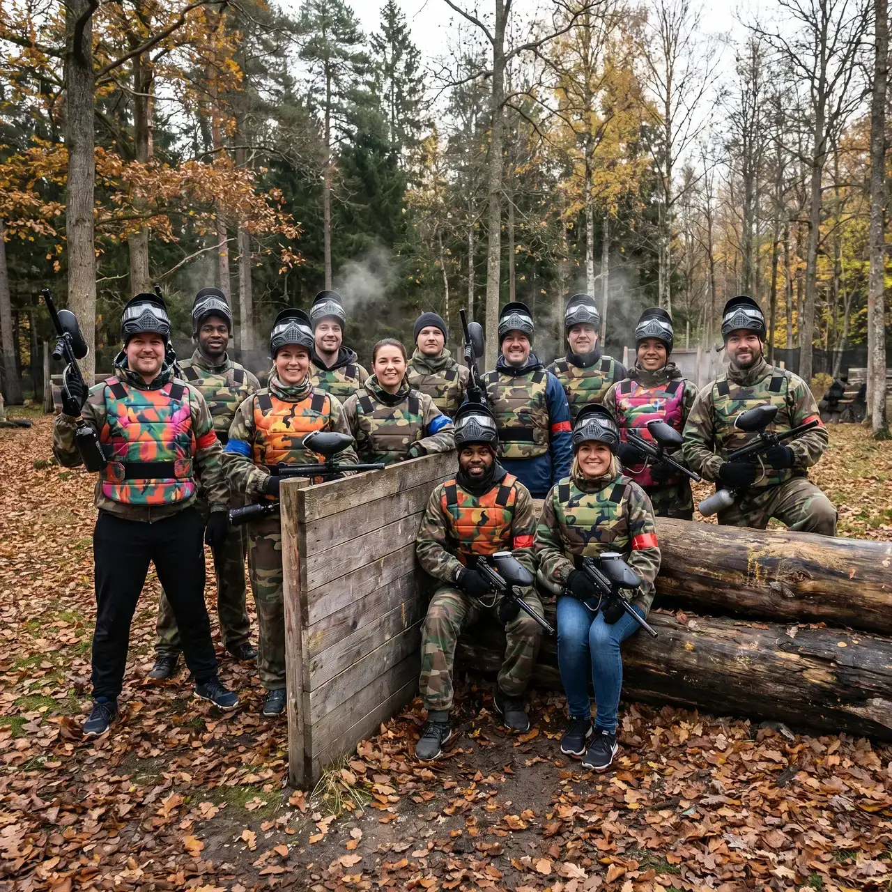 En grupp personer i paintballutrustning poserar i en höstskog.