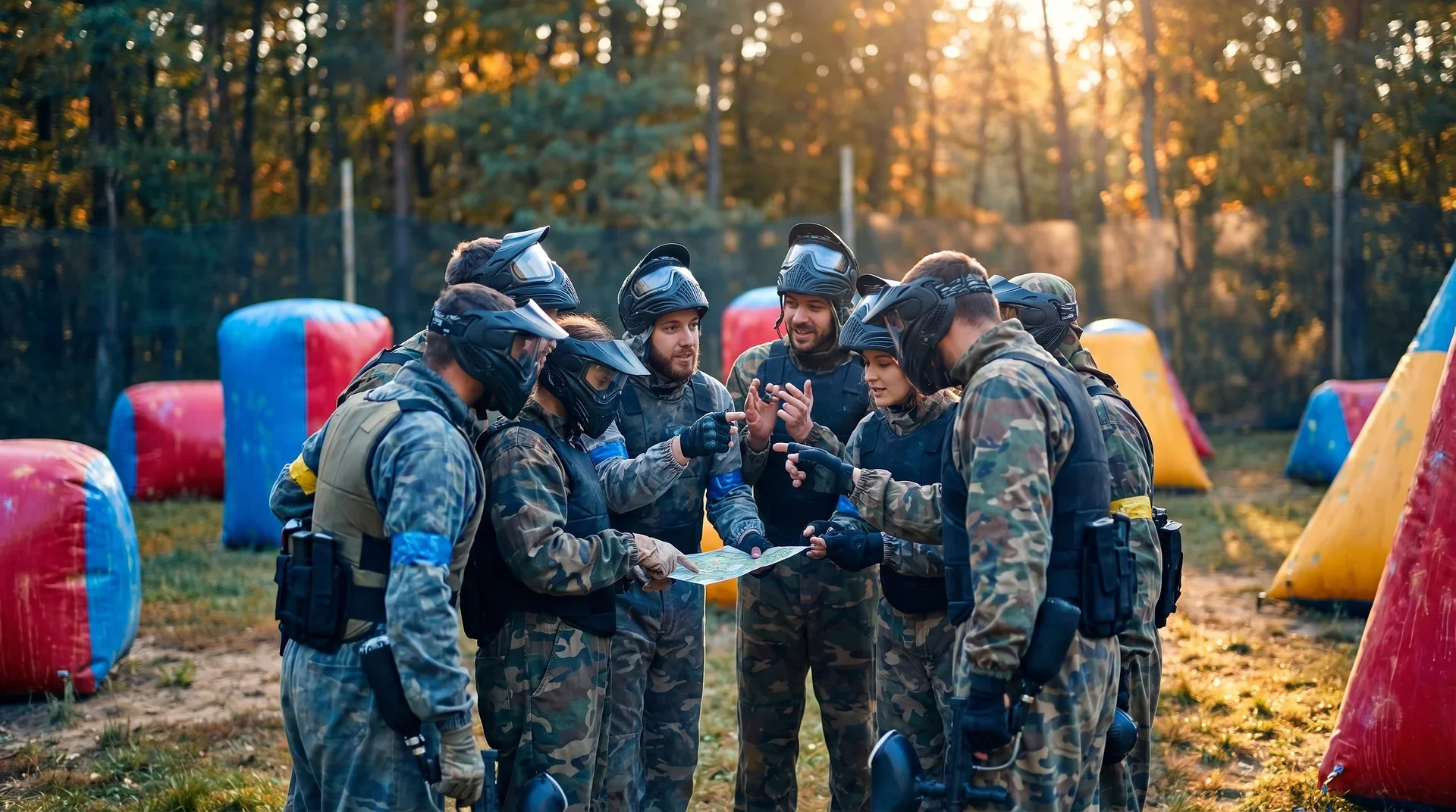 Paintballspelare i kamouflage samlas för strategi på banan med uppblåsbara skydd i bakgrunden.